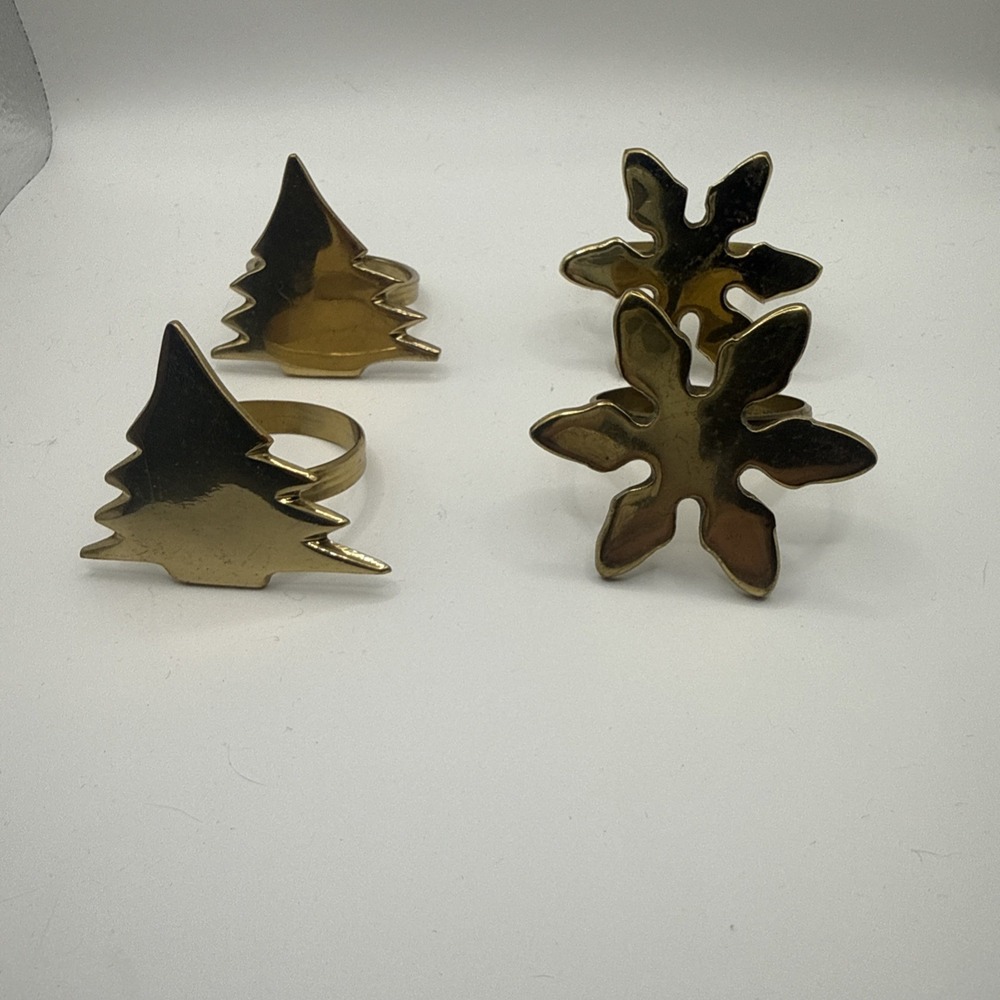 Christmas Tree & Snowflake Golden Tone Brass Napkin Ring Holders‎ Set Of 4